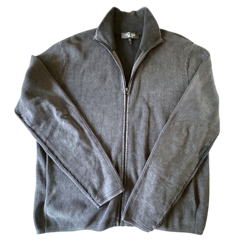 Rag & Bone Full Zip Sweater $398 Charcoal Grey Elbow Patches Mock Neck